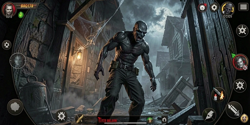 Screenshot gameplay BRO178 menampilkan suasana gelap dan menyeramkan.