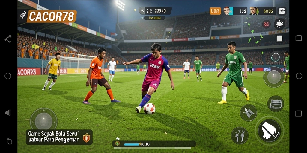 Screenshot gameplay CACOR78 yang menampilkan aksi sepak bola yang mendebarkan.