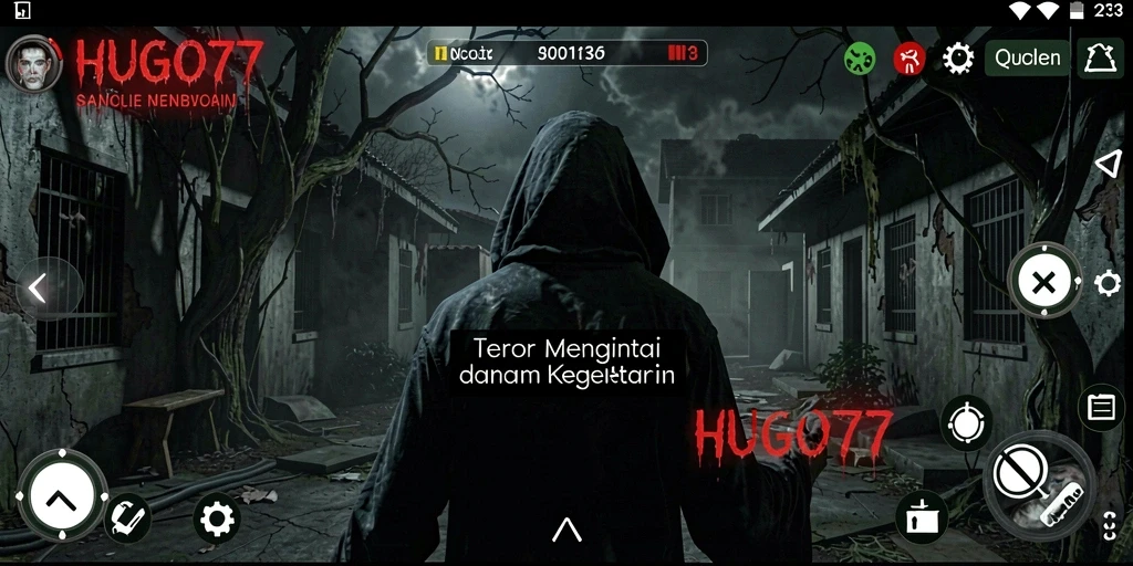 Gameplay seram di HUGO77 menampilkan suasana yang menegangkan.