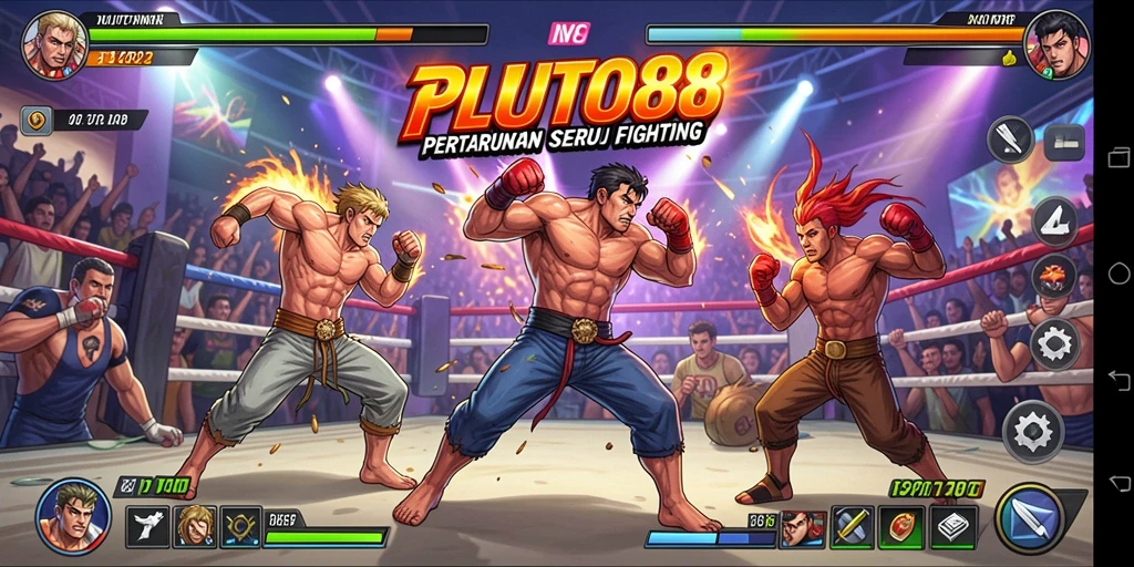 Tampilan gameplay menegangkan dalam PLUTO88 dengan pertarungan karakter yang seru.