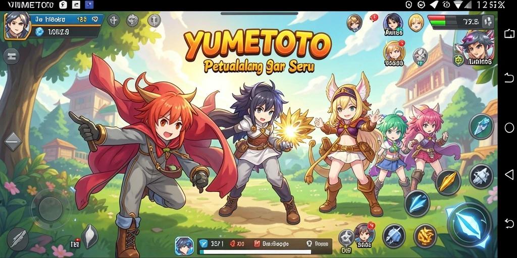 Screenshot utama YUMETOTO yang menampilkan karakter anime dalam aksi.